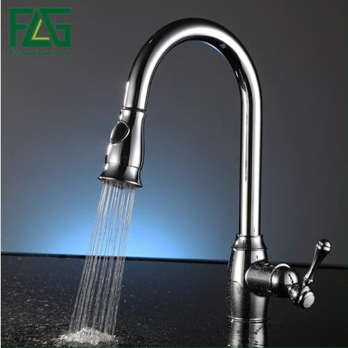 FLG Pull Out Kitchen Faucet, Chrome Finished Sink Mixer Tap, Copper Single Handle Vessel Sink Kitchen Faucets