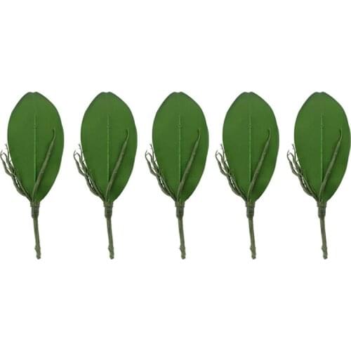 5 Pcs Artificial Green Phalaenopsis Simulation Moth Orchid Leaf Real Latex Contact Green Plant for Flowers Garden Decor