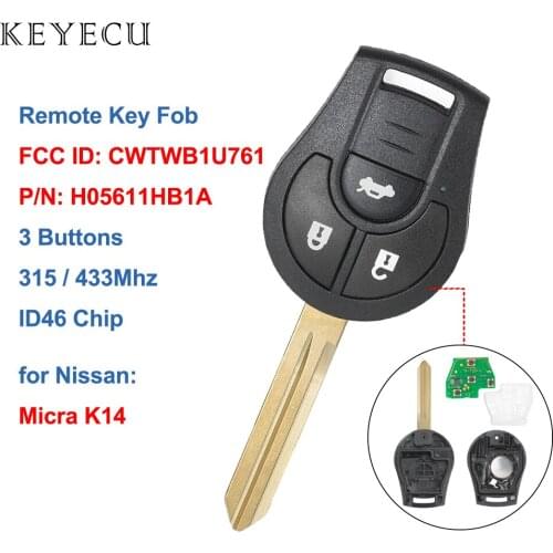 Keyecu Remote Key Fob 3 Button 315MHz/ 433MHz ID46 Chip for Nissan Note Juke Micra FCC: CWTWB1U761