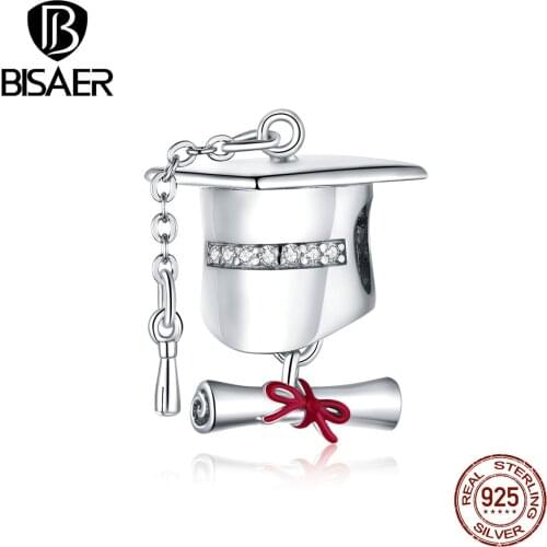 BISAER Square College Caps Beads 925 Sterling Silver Campus Graduation Charms Pendant Fit DIY Bracelet Necklace Jewelry EFC357