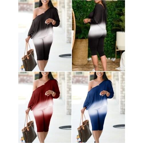Summer Women Plus Size 2 Pieces Ombre One Shoulder Top & Skinny Shorts Set 2021 Femme Sporty Top & Short Pants Lady Tracksuits