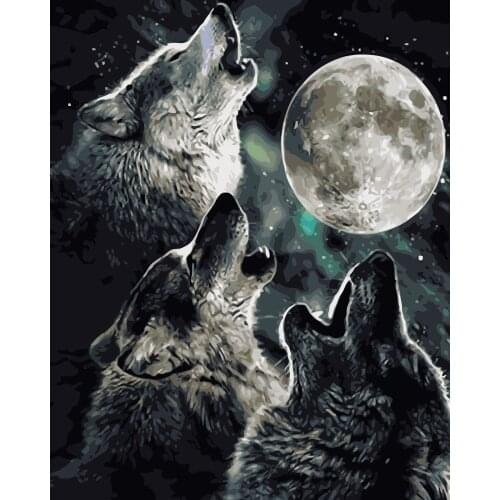 MaHuaf-i740 Wolves howl under moon painting by numbers animal DIY oil digital paint by number kit canvas painting for home decor
