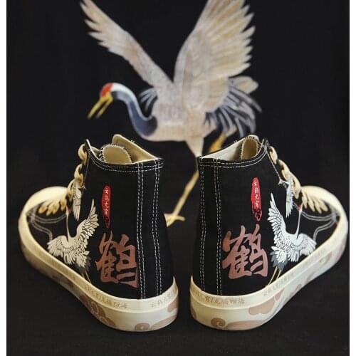 Men Women Couples Chinese Style Crane Print Canvas Single Shoes Japanese Harajuku Short Boot Footwear Fashion Retro Ankle Boots