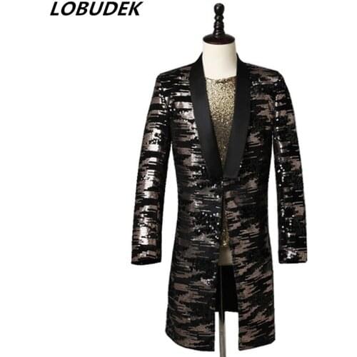 Mens Long Style Stylish Gold Sequins Slim Blazer Bar Nightclub Singer Performance Stage Costume Evening Party Host Overcoat