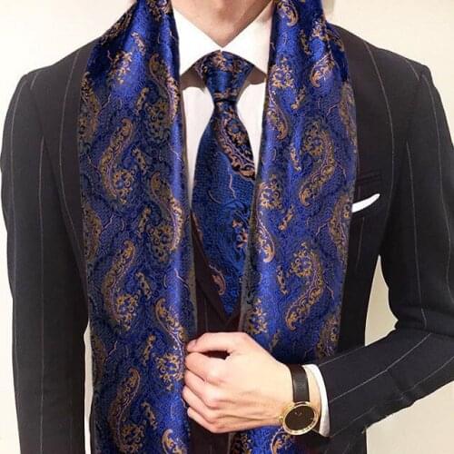 New Fashion Men Tie Blue Gold Jacquard Paisley 100% Silk Scarf Autumn Winter Casual Business Suit Shirt Shawl Scarf Barry.Wang