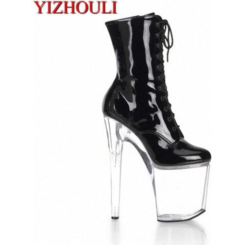 Sexy womens fashion tie boots/sexy 20cm high heels/black PU leather shoes/sexy transparent platform ankle boots