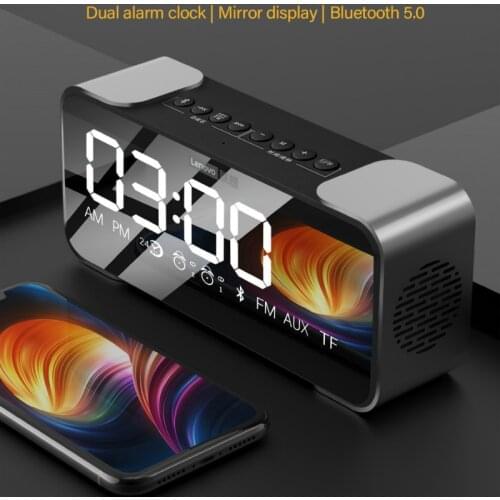 Lenovo Wireless Bluetooth Speaker LED Mirror Dual Alarm Clock FM Radio Dual Units Bass TF Card AUX Subwoofer Speaker with Mic