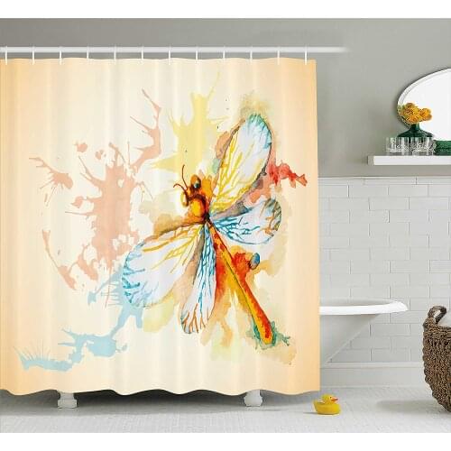 Dragonfly Shower Curtain Watercolor Moth with Branch Print Wings on Abstract Backdrop Fabric Bathroom Decor with Hooks