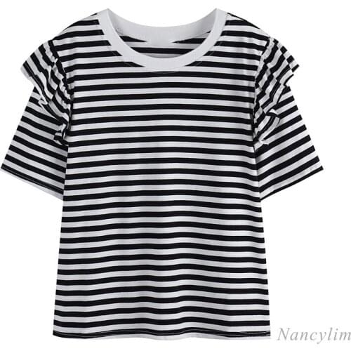 Striped Round Neck Ruffled Cotton Short Sleeve T-shirt for Woman 2021 Summer Korean Style Loose Female Tops