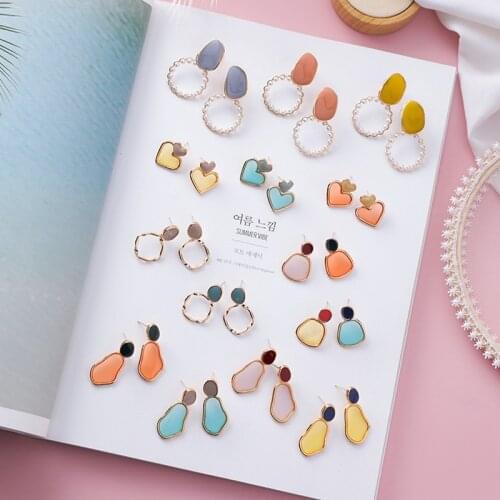 MENGJIQIAO New Vintage Colorful Heart Geometric Acrylic Dangle Earrings For Women Circle Pearl Drop Glaze Pendientes Jewelry