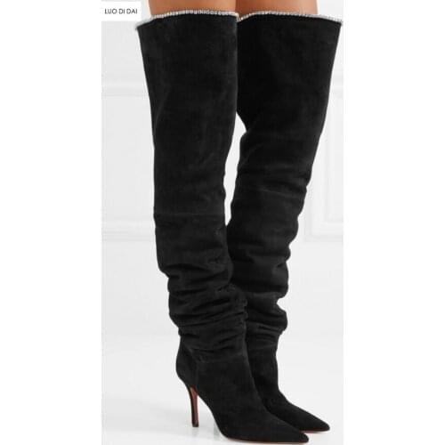 2020 new arrival winter women thigh high boots over knee booties thin heel suede leather boots ladies point toe diamond boots