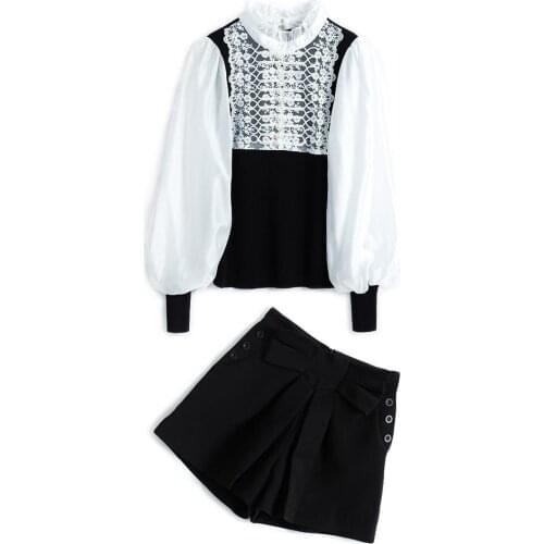 Splicing Lace Office Ladies Business Suit Plus Size Two Piece Set Top And Shorts Ensemble Femme Conjunto Feminino Woman Suit