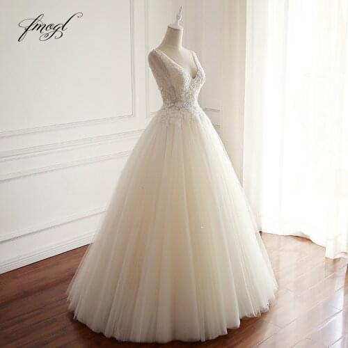 Fmogl Vestido De Noiva Sexy Backless V Neck Pleat Wedding Dresses 2021 Embroidery Beaded A Line Lace Bridal Gown Plus Size