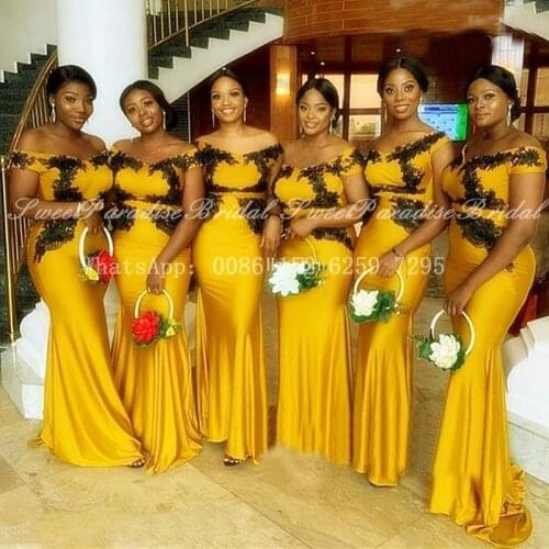 Gold Yellow Mermaid Long Bridesmaid Dresses With Black Appliques Off Shoulder Women Maid Of Honor Wedding Party Dress