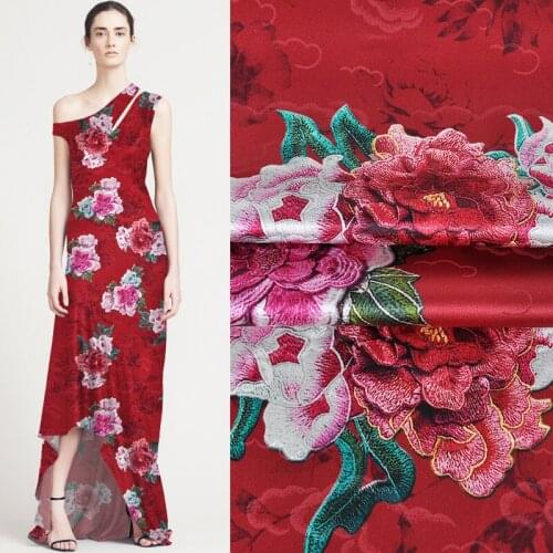 114CM Wide 19MM Blue Pink Floral Jacquard Stretch Red Silk Satin Fabric Good for Summer Dress Skirt Shirt Pants JH141