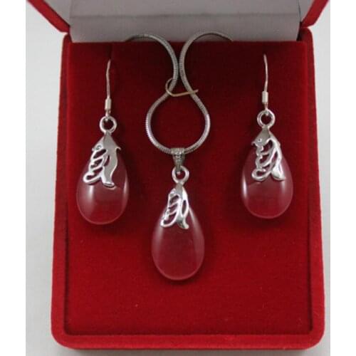 Free Shipping wholesale ladys red silver plated waterdrop pendant & earring jewelry set