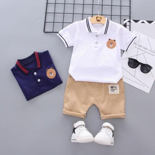 Korean Embroidered Bear Childrens Summer Short Sleeve Shorts Set