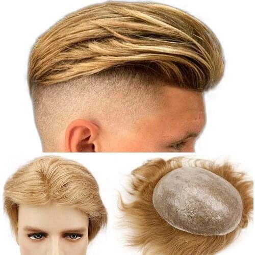 Eseewigs 21# Blonde Mens Hair Replacement System Toupee Whole PU Base 10x8 Natural Straight Brazilian Remy Human Hair Piece