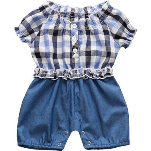 Explosive baby boys girls blue plaid halter denim stitching romper fashion jumpsuit summer Short sleeve bodysuit