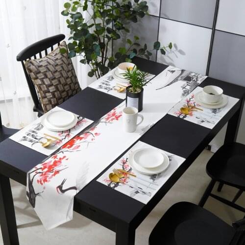 Crane Plum Tree Pavilion Ink Chinese Style Table Runner Holiday Kitchen Dining Table Runners Place Mats Set for Home Party Decor