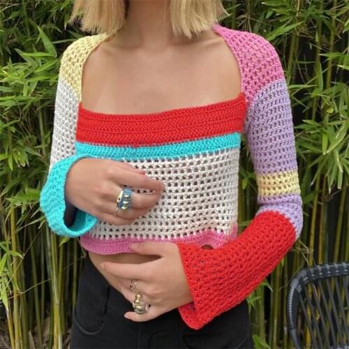 Women Spring Autumn Streetwear Crochet Knit Crop Tops Long Sleeve Square Collar Color Block Hollow Out Regular Fit T-Shirts