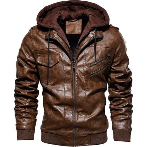 New Autumn Winter Men Motorcycle PU Leather Jacket Slim Casual Hooded Jacket Military Bomber Jacket Windbreaker Clothing E