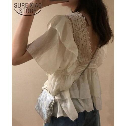 Summer Loose Chiffon Lace Blouse Women Short Sleeve Big V-neck Sexy Backless Top Female Ruffle Stitching Blouses and Shirt 15336