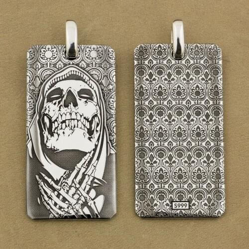 LINSION High Details Deep Laser Engraved 999 Pure Silver Praying Skull Dogtag Mens Biker Punk Pendant 9X028S Just Pendant