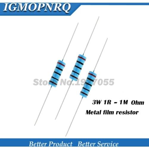 20pcs 3W Metal film resistor 1% 1R ~ 1M 1R 4.7R 10R 22R 33R 47R 1K 4.7K 10K 100K 1 4.7 10 22 33 47 4K7 ohm resistance