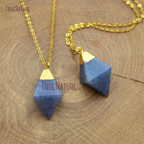 New Arrival Women Necklace Blue Jades Aventurine Stone Handmade Gold Chains Rhombus Shape Pendant Necklace In 18 inch NM10623
