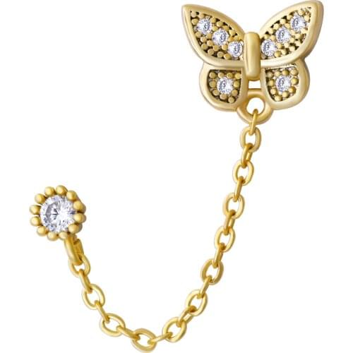 1 Pc Women Gold Iced Out Butterfly Stud Earring Metal Chain Crystal Double Pierced Earrings Ear Rings Fashion Jewelry Gift