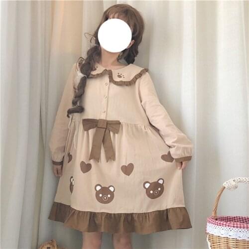 Spring womens clothing new Japanese soft sister light Lolita cute bear bear bow doll collar op long sleeve dress