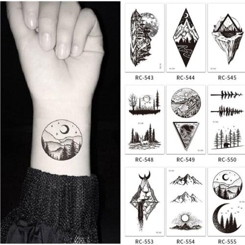 5Pcs/Set Temporary Tattoo Stickers Black Mountain Forest Pattern Waterproof Disposable Body Art Makeup tatouage temporaire