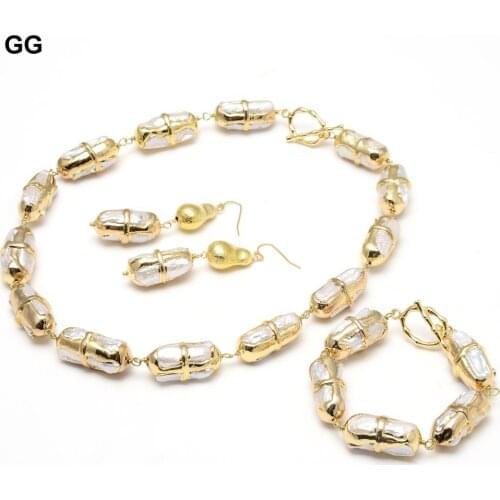 GuaiGuai Jewelry Natural White Biwa Pearl Electroplated Edge Gold Plated Brushed Beads Wrap Necklace Bracelet Earrings Sets