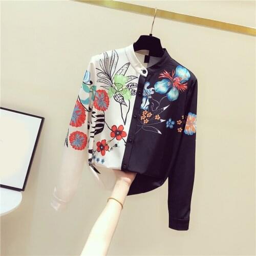 Patchwork Printed Women Shirts Spring New 2021 Chiffon Turn-Down Collar Vintage Office Lady Elegant Outwear Tops