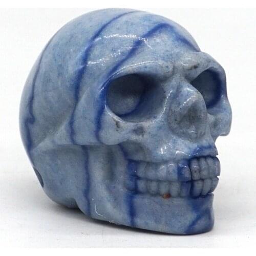 1.9" Skull Figurine Natural Gemstone Blue Quartz Crystal Carved Statue Home Decor