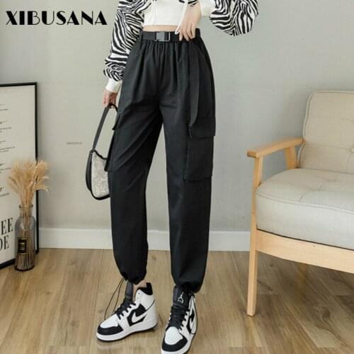 Women Pocket Cargo Pants 2021 Spring Summer Female High Waist Harem Pant Drawstring Casua Straight Trousers Streetwear with Belt
