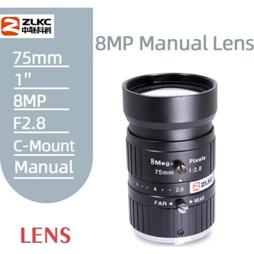 C-Mount lens 75mm Low Distortion CCTV Lens 8MP HD lens F2.8 8Megapixel Machine Vision Manual Iris FA Lens for Industrial Camera