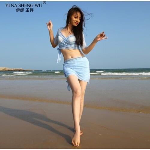 Professional Women Belly Dance Clothes Mesh Deed V Top+Short Skirt 2pcs Belly Dance Set for Girls Latin Dance Suit