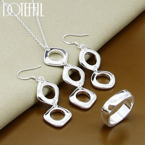 DOTEFFIL 925 Sterling Silver Square Round Necklace Ring Earring Set For Woman Wedding Engagement Party Fashion Charm Jewelry