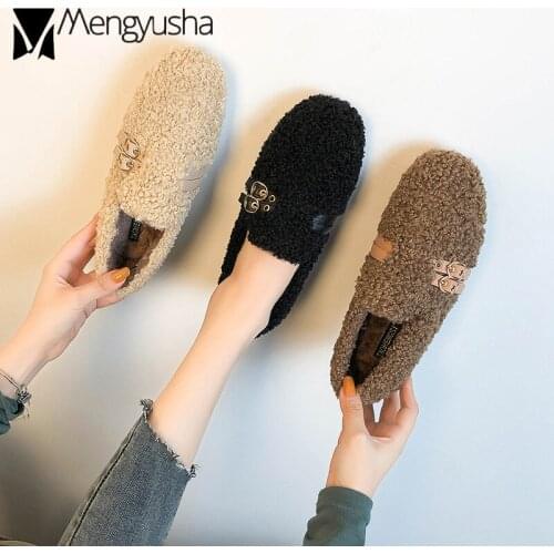 34-43 big size fur flats women leather buckle woolen moccasins anti-slip rubber bottom slip on loafers winter plush lazy shoes