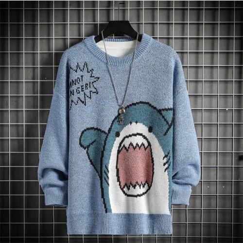 ERENEJIAN Mens Fashion Knitted Sweater Long Sleeve Pullovers For Youth Shark Pattern Baggy Sweater Tops Spring Autumn
