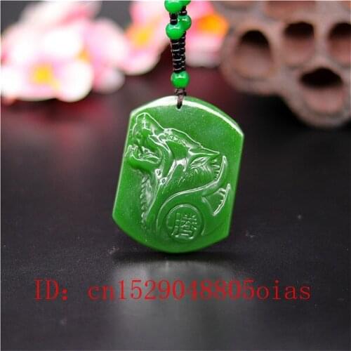 Natural Green Chinese Jade Wolf Totem Pendant Beads Necklace Fashion Charm Jadeite Jewelry Carved Amulet Gifts for Women Men