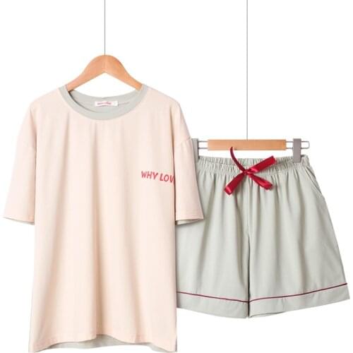 Summer Pyjamas Cotton Short Sleeve Short Pants Pajamas Korean Sleepwear Round Neck Pink Pijama Mujer Loose Plus Size Home Suit