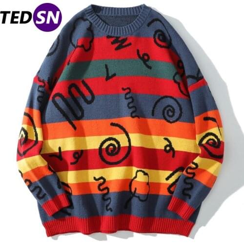 TEDSN Striped Knitted Men Sweater Jumper Women Pullover Male Female Knit Top Long Sleeve Kawaii POLERON Wool 2021 Autumn Clothes