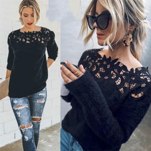 Womens Loose Knitted Pullover Jumper Sweater O Neck Long Sleeve Knitwear Top Lace Floral Collar Winter Streetwear