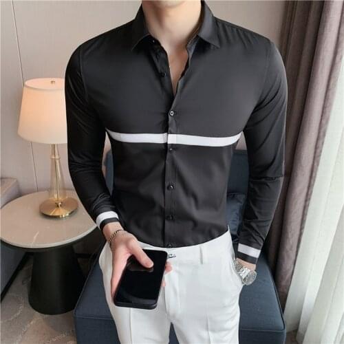 Korean Fashion Ribbon Spliced Shirts For Men Clothing 2021 Simple Slim Fit Long Sleeve Club Tuxedo Dress Casual Chemise Homme