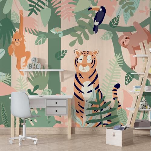 Bacal Modern Jungle Leaf Animal 3D Wallpaper Mural for Nursery Child Bedroom Cartoon Wall paper Photo Murals Decor Stickers