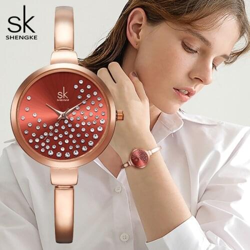 Rhinestone Rose Gold Women Watches Elegant Golden Elegant Bracelet Lady Wristwatch Business Casual SHENGKE Brand Gift Clock