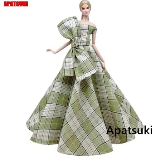Light Green Plaid Fashion Wedding Dress for Barbie Doll Clothes Outfits Bowknot Evening Dresses Party Gown 1/6 Accessories